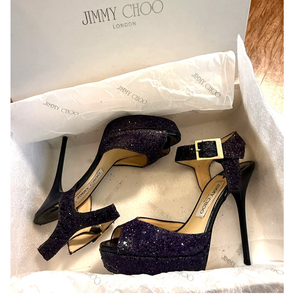Jimmy Choo 6.5 Coarse Glitter Platform Sandals Stiletto Linda Heels Purple 36.5 - Picture 3 of 10